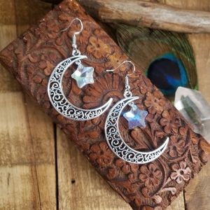 Crystal Crescent Moon earrings Pagan Goddess Fairy Star Moon Jewelry Gift ideas